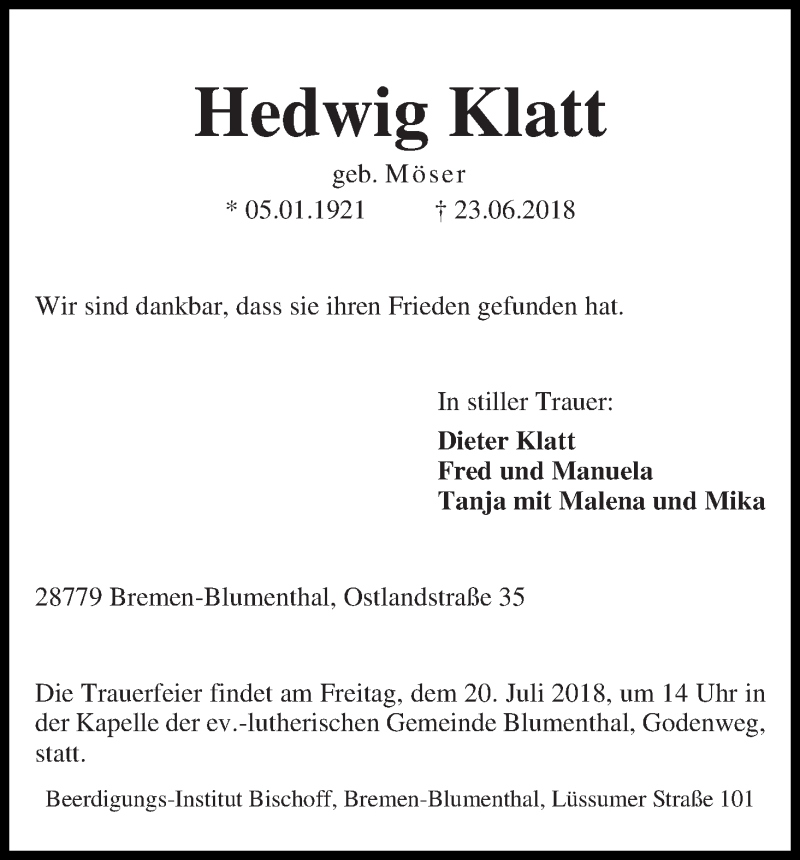 Traueranzeige von Hedwig Klatt von Die Norddeutsche