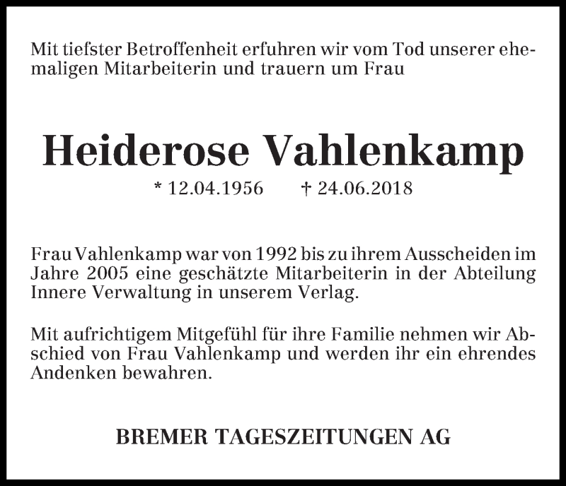 Traueranzeige von Heiderose Vahlenkamp von WESER-KURIER