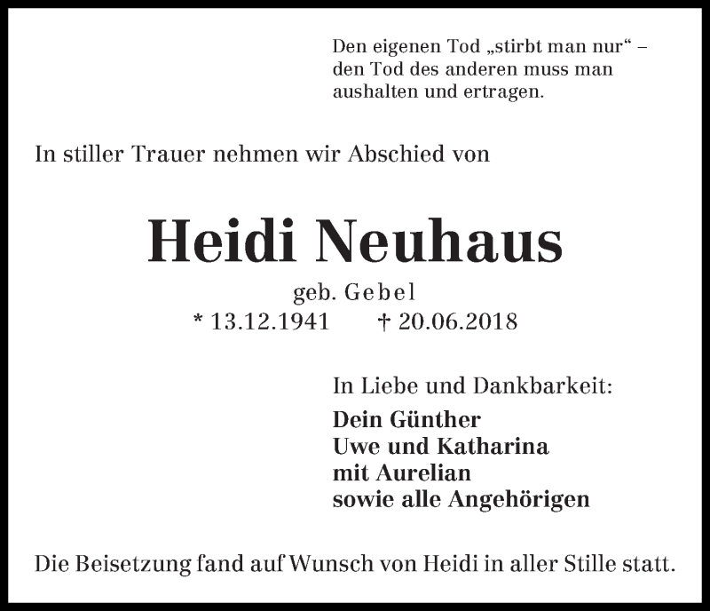 Traueranzeige von Heidi Neuhaus von Die Norddeutsche