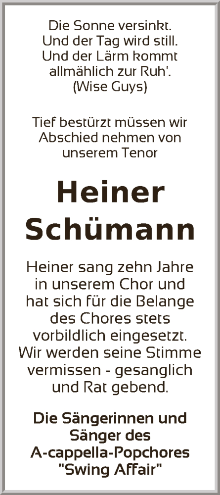 Traueranzeige von Heiner Schümann von Osterholzer Kreisblatt