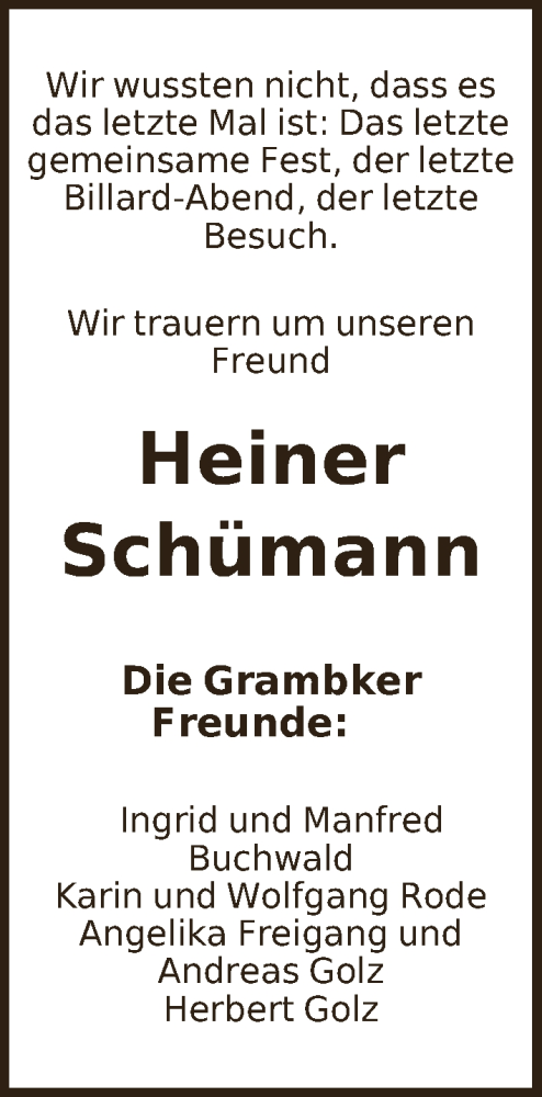 Traueranzeige von Heiner Schümann von WESER-KURIER