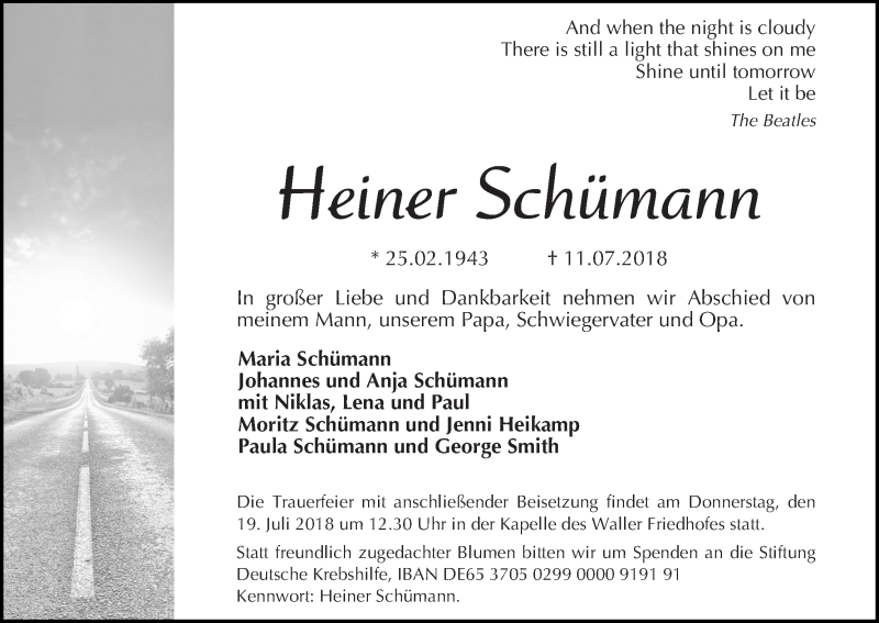 Traueranzeige von Heiner Schümann von WESER-KURIER