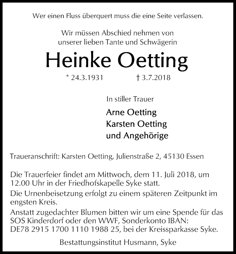 Traueranzeige von Heinke Oetting von WESER-KURIER