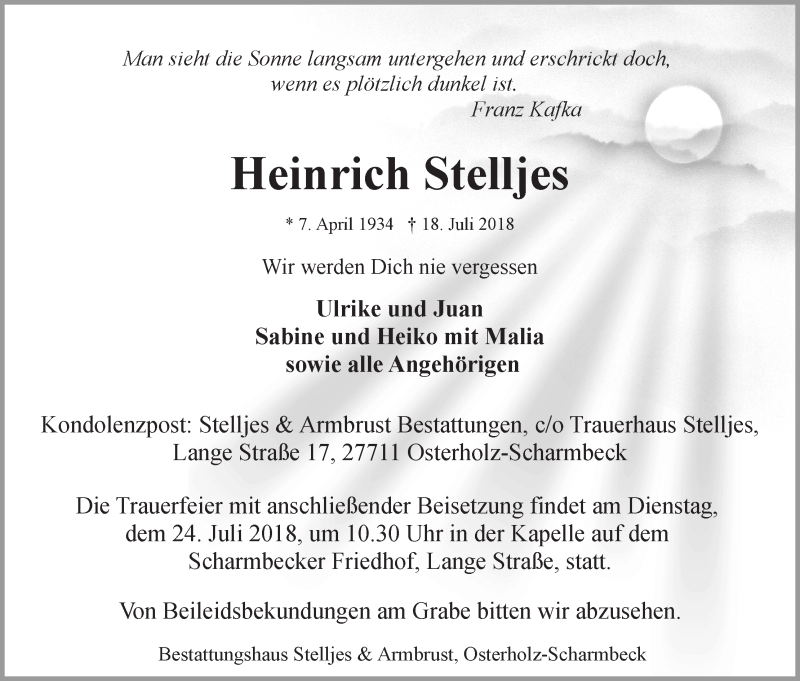 Traueranzeige von Heinrich Stelljes von Osterholzer Kreisblatt