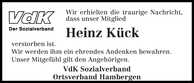 Traueranzeige von Heinz Kück von Osterholzer Kreisblatt