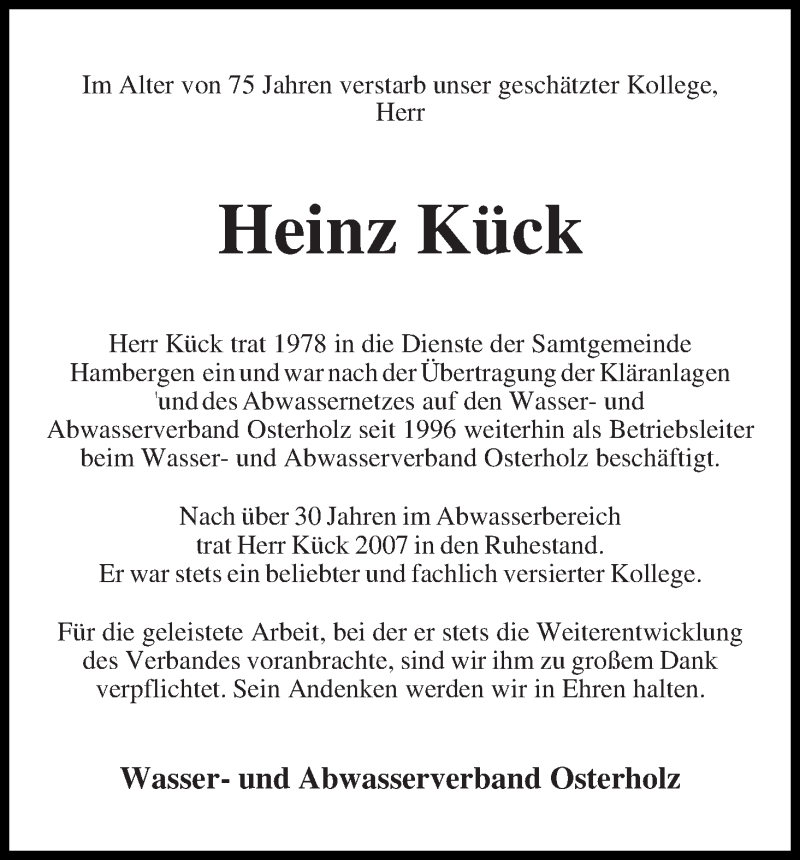Traueranzeige von Heinz Kück von Osterholzer Kreisblatt