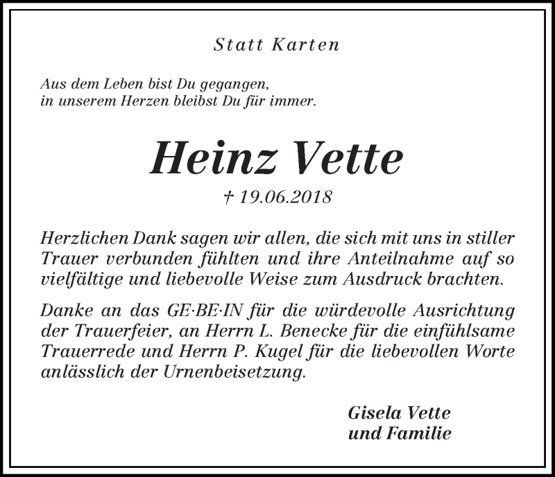 Traueranzeige von Heinz Vette von WESER-KURIER