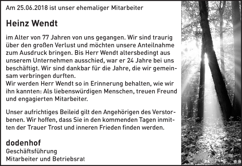 Traueranzeige von Heinz Wendt von WESER-KURIER
