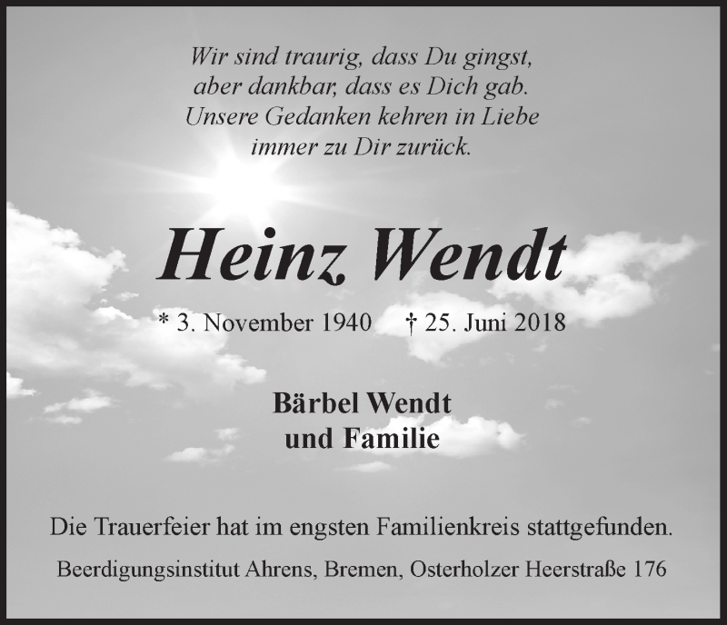 Traueranzeige von Heinz Wendt von WESER-KURIER