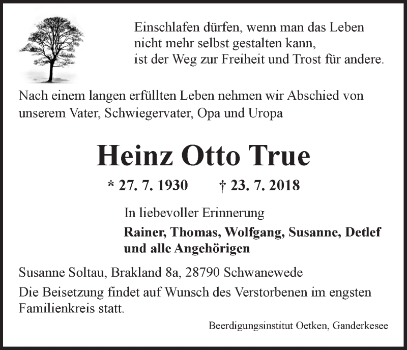 Traueranzeige von Heinz Otto True von WESER-KURIER