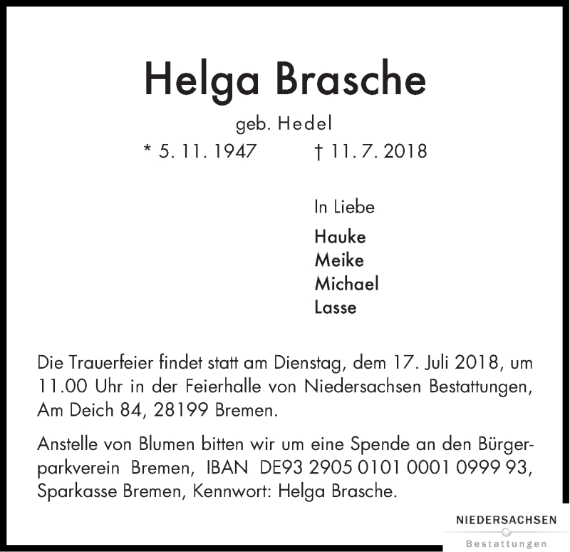 Traueranzeige von Helga Brasche von WESER-KURIER