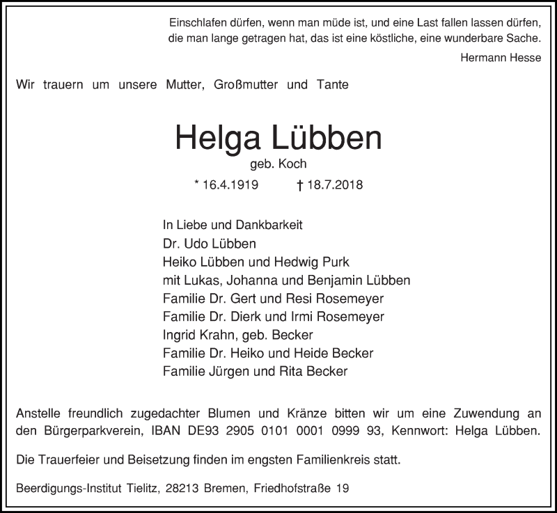 Traueranzeige von Helga Lübben von WESER-KURIER