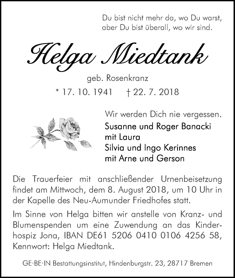 Traueranzeige von Helga Miedtank von Die Norddeutsche