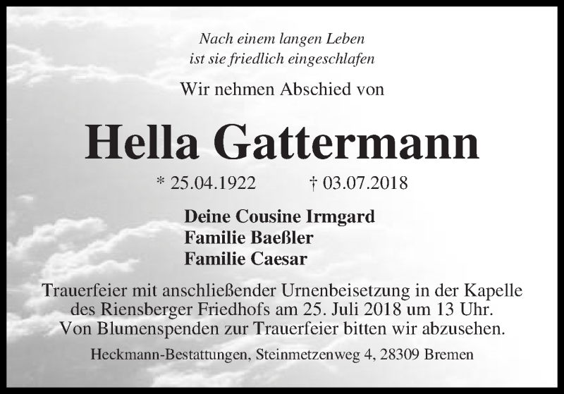 Traueranzeige von Hella Gattermann von WESER-KURIER