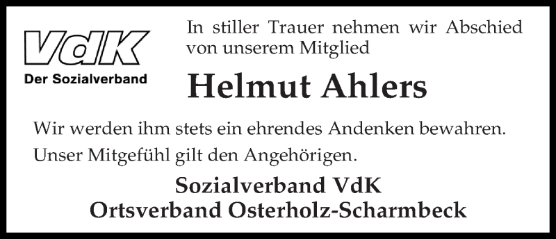 Traueranzeige von Helmut Ahlers von Osterholzer Kreisblatt