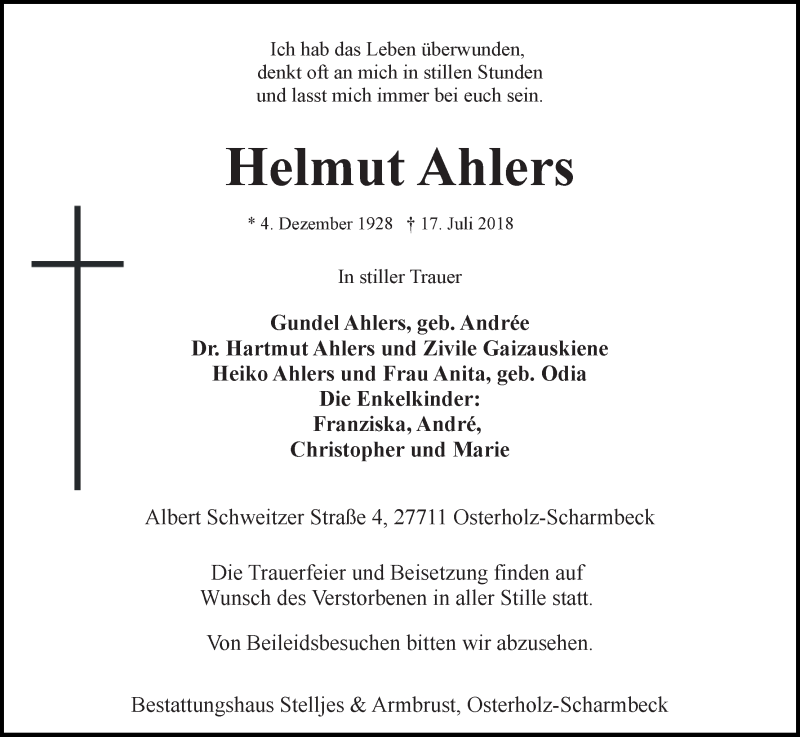 Traueranzeige von Helmut Ahlers von Osterholzer Kreisblatt