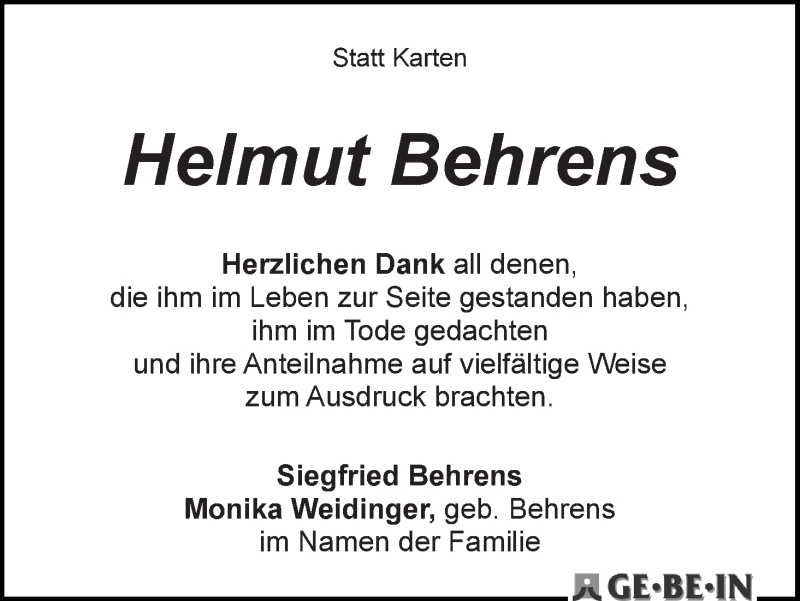 Traueranzeige von Helmut Behrens von WESER-KURIER
