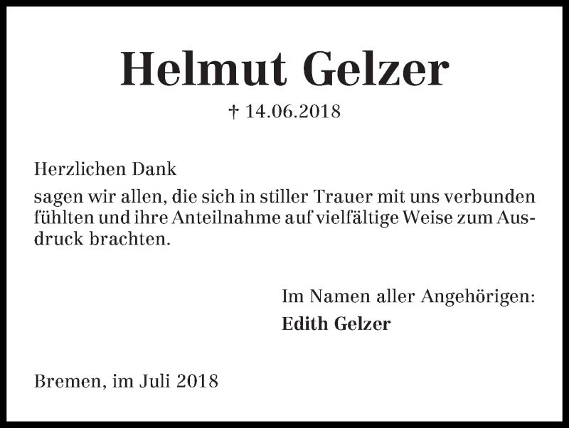 Traueranzeige von Helmut Gelzer von Die Norddeutsche