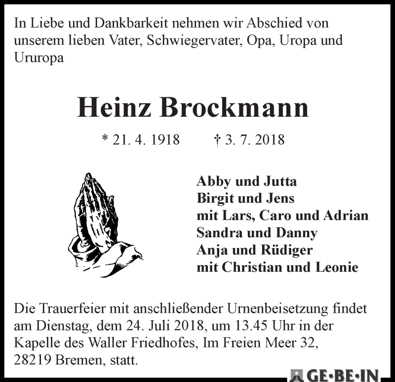 Traueranzeige von Heinz Brockmann von WESER-KURIER