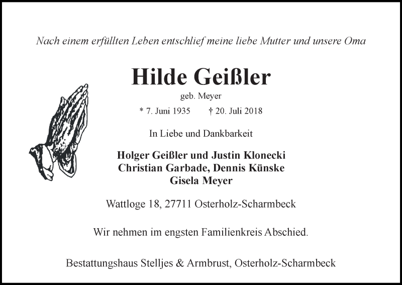 Traueranzeige von Hilde Geißler von Osterholzer Kreisblatt