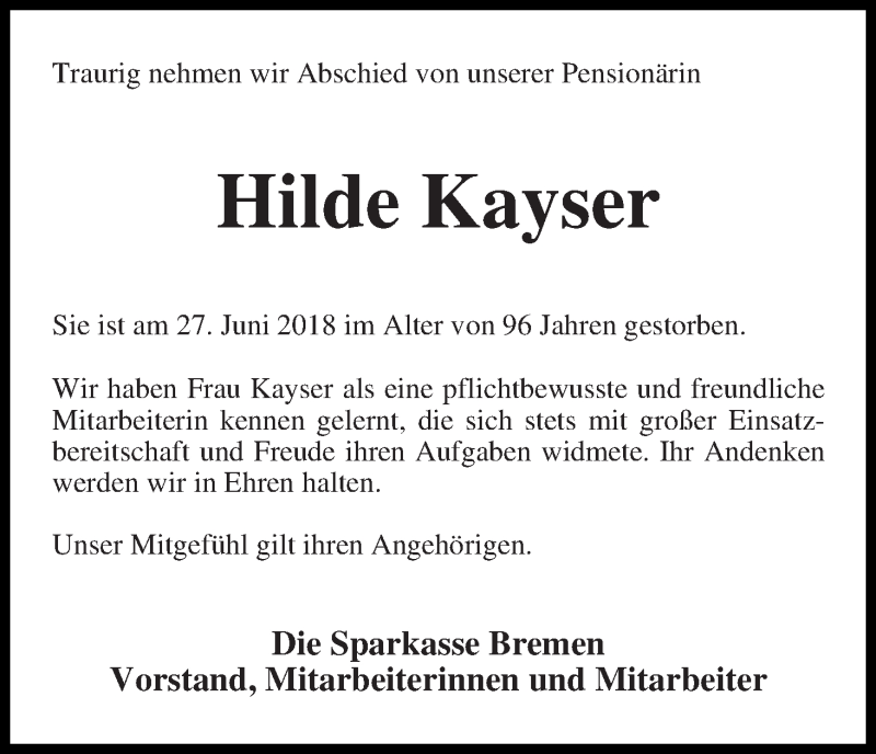 Traueranzeige von Hilde Kayser von WESER-KURIER