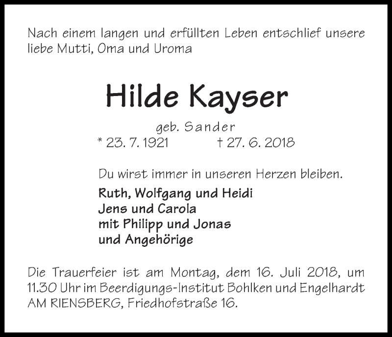 Traueranzeige von Hilde Kayser von WESER-KURIER