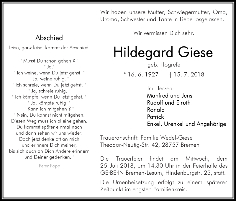 Traueranzeige von Hildegard Giese von Die Norddeutsche