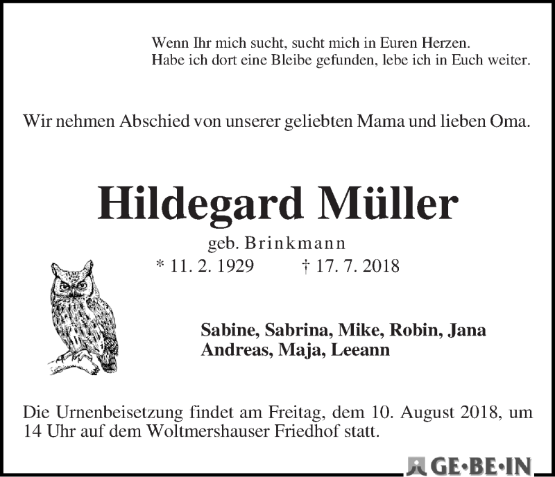 Traueranzeige von Hildegard Müller von WESER-KURIER