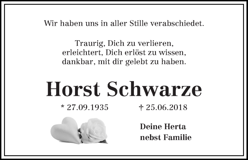 Traueranzeige von Horst Schwarze von WESER-KURIER