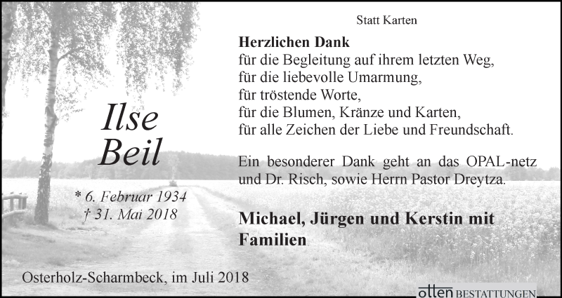 Traueranzeige von Ilse Beil von Osterholzer Kreisblatt