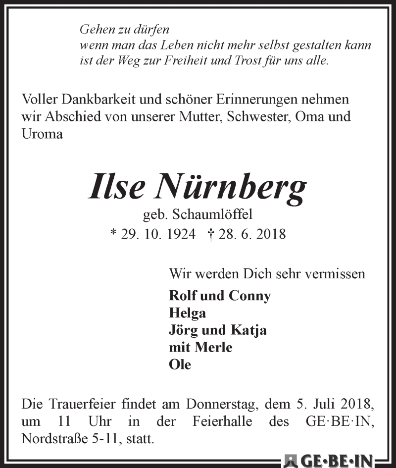 Traueranzeige von Ilse Nürnberg von WESER-KURIER