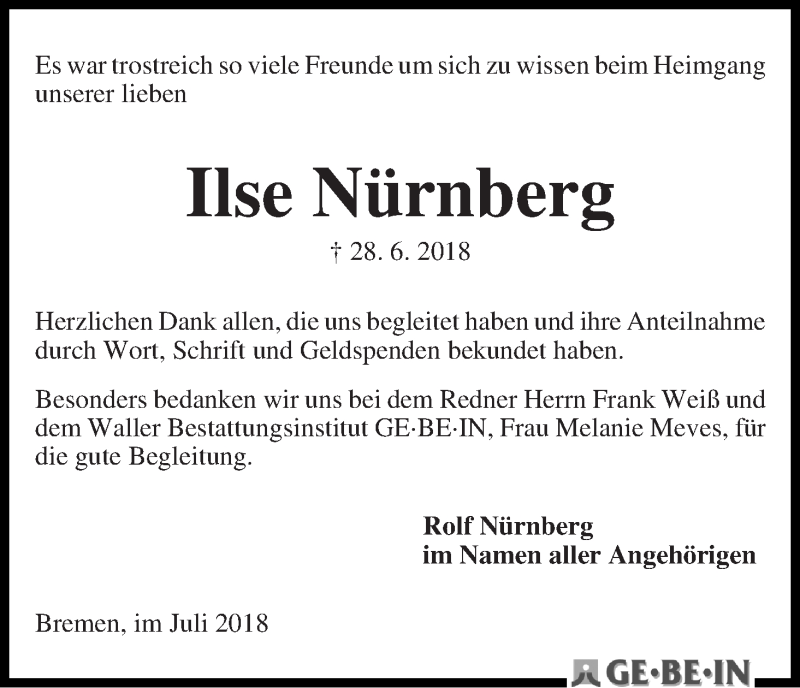 Traueranzeige von Ilse Nürnberg von WESER-KURIER