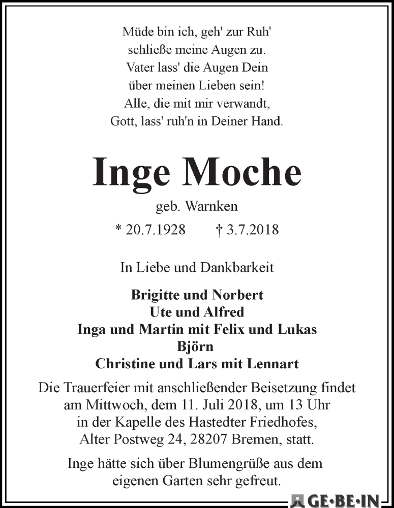 Traueranzeige von Inge Moche von WESER-KURIER