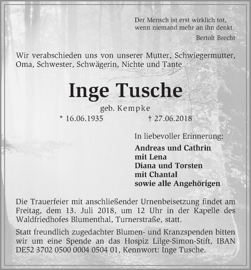Traueranzeige von Inge Tusche von Die Norddeutsche
