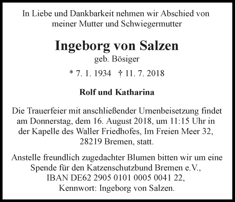 Traueranzeige von Ingeborg von Salzen von WESER-KURIER