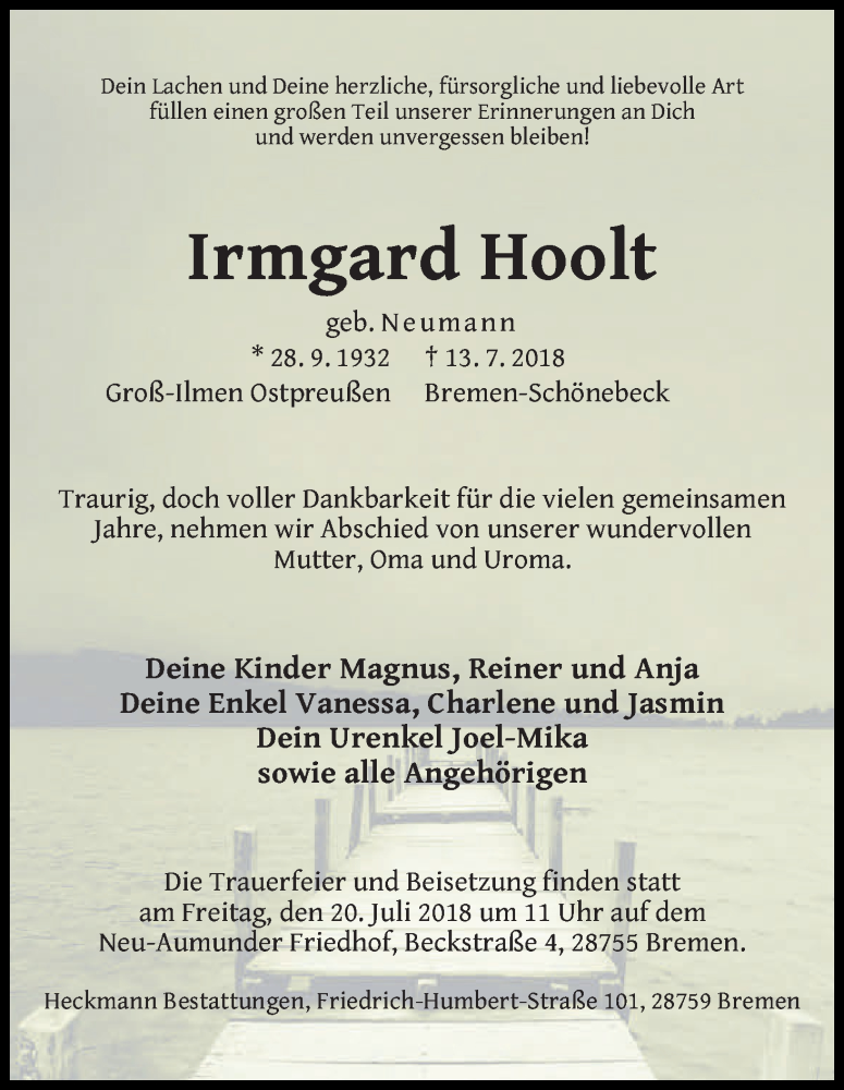 Traueranzeige von Irmgard Hoolt von Die Norddeutsche
