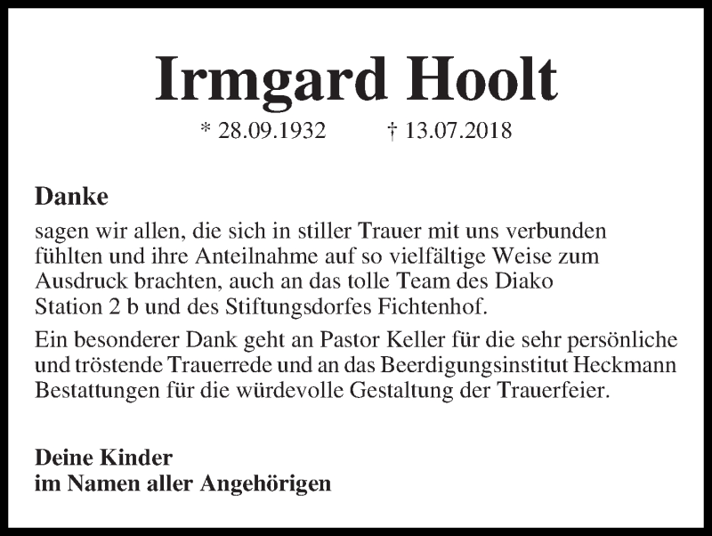 Traueranzeige von Irmgard Hoolt von Die Norddeutsche