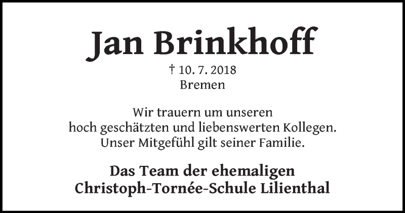 Traueranzeige von Jan Brinkhoff von WESER-KURIER