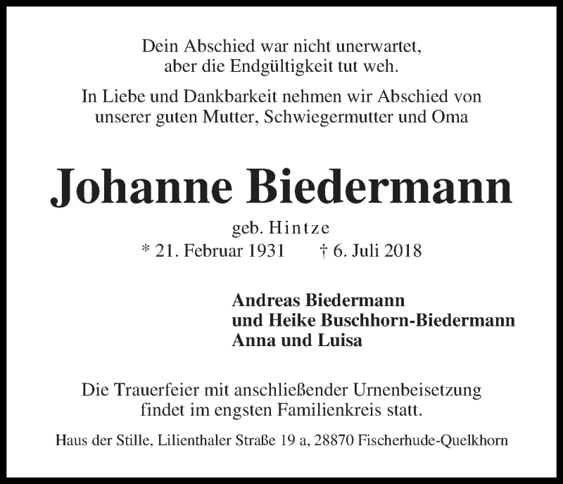 Traueranzeige von Johanne Biedermann von WESER-KURIER