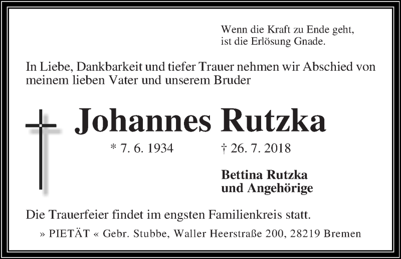 Traueranzeige von Johannes Rutzka von WESER-KURIER