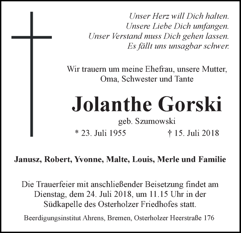 Traueranzeige von Jolanthe Gorski von WESER-KURIER