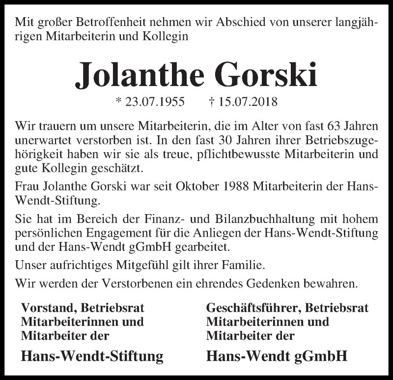 Traueranzeige von Jolanthe Gorski von WESER-KURIER