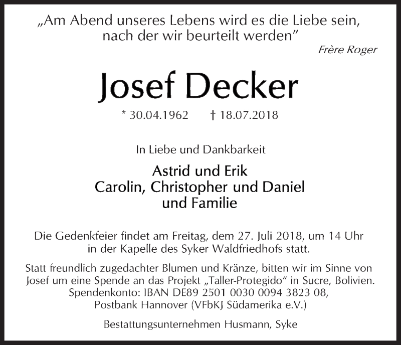 Traueranzeige von Josef Decker von WESER-KURIER
