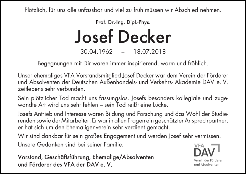 Traueranzeige von Josef Decker von WESER-KURIER