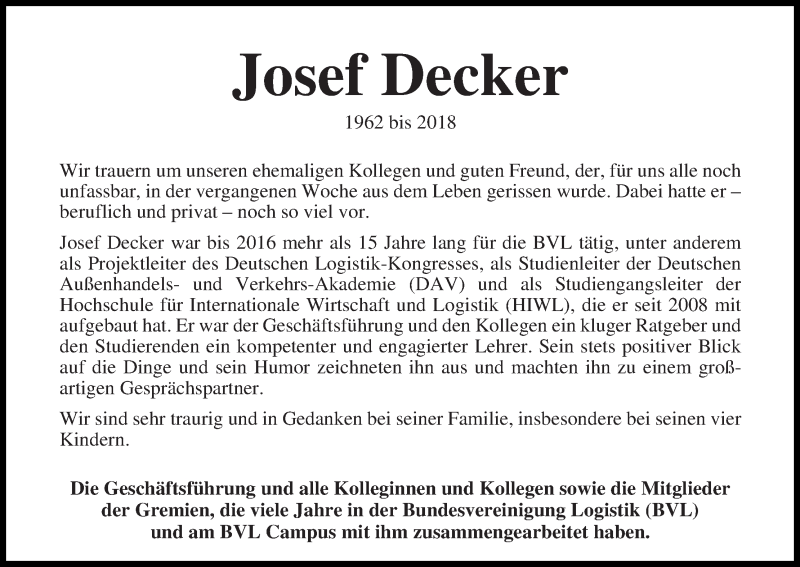 Traueranzeige von Josef Decker von WESER-KURIER