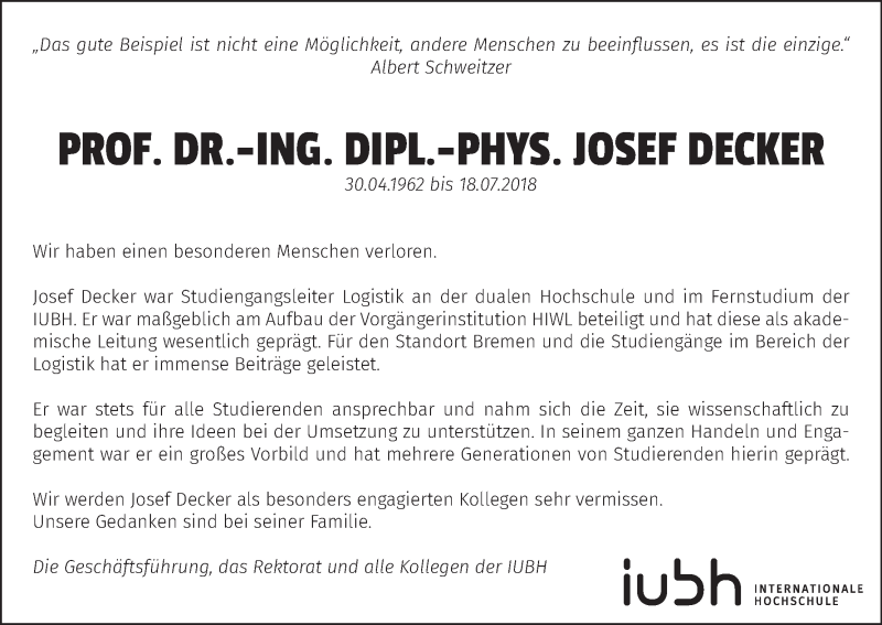 Traueranzeige von Josef Decker von WESER-KURIER