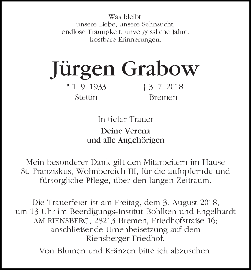 Traueranzeige von Jürgen Grabow von WESER-KURIER