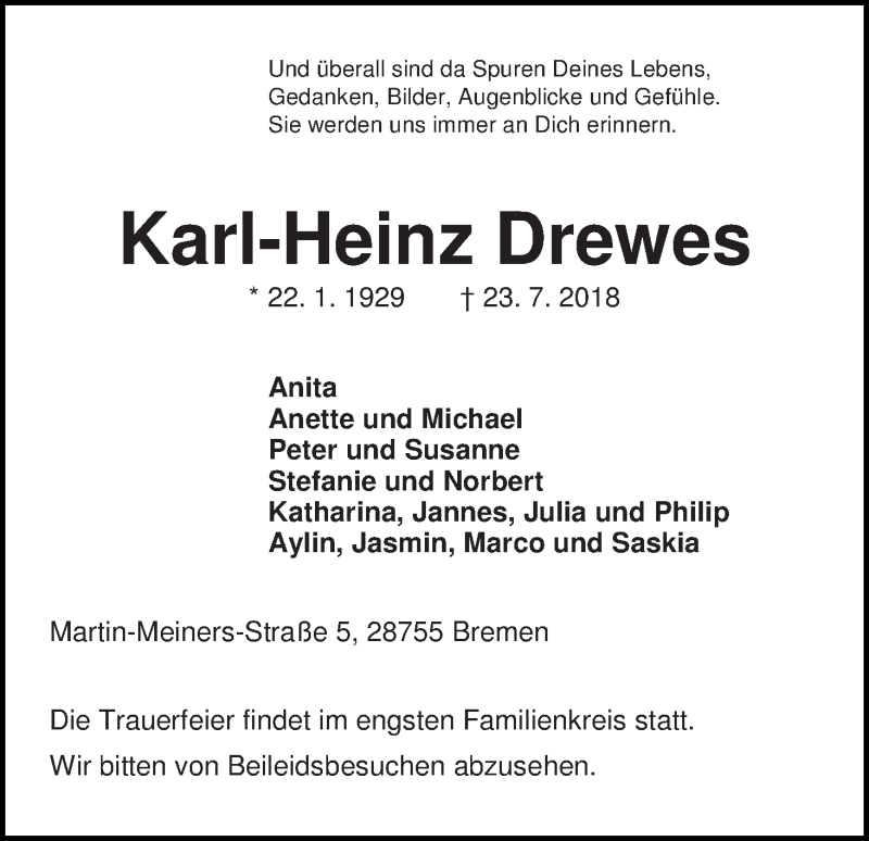 Traueranzeige von Karl-Heinz Drewes von WESER-KURIER