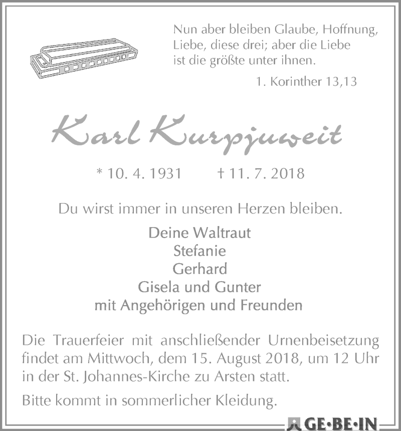 Traueranzeige von Karl Kurpjuweit von WESER-KURIER