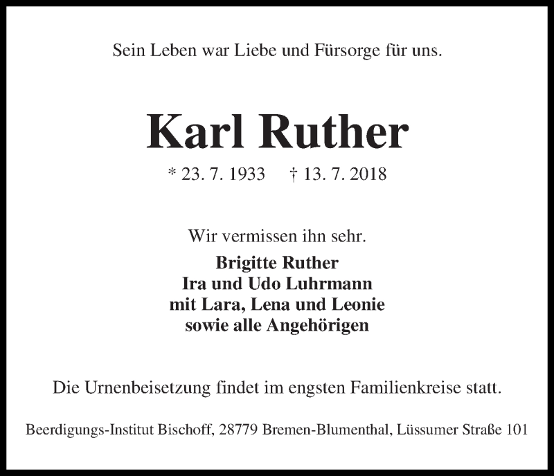 Traueranzeige von Karl Ruther von Die Norddeutsche